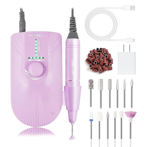 HEBECA Professional Nail Drill 35000RPM, Rechargeable & Cordless Electric Nail File Drill Machine with 12 Bits and 26pcs Sanding Bands for Acrylic Gel Nails, Salon and Home Use T18