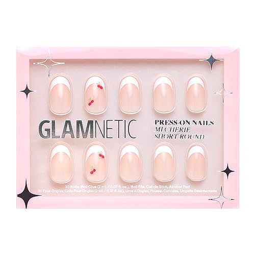 Glamnetic Press On Nails - Mi Cherie | Glossy Finish Short Round French Tip Nails with Red Bow Accents, Reusable | 15 Sizes - 30 Nail Kit with Glue
