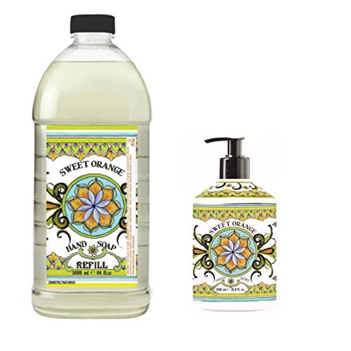 Home and Body Company La Tasse Hand Soap Refill, 2 pack includes one 21.5 fl oz Hand soap & one 64 oz each Refill Set (Sweet Orange)