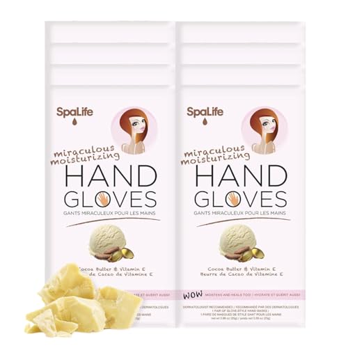 SpaLife Restoring Miracle Hand Gloves - Cocoa Butter & Vitamin E Infused Hand Spa Mask for Cuticle Repair and Ultimate Hydration, Perfect for Dry and Rough Hands - Silky Smooth Results (8-Pack)