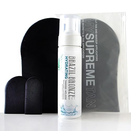 MY SUPREME TAN Premium Self-Tanning Starter Kit, Mitts and Brazil Bronze Hydrating Tanning Mousse, Resveratrol, Vitamin C and D, Hyaluronic Acid, Easy to apply, Not Messy, Natural looking tan, 4pc Kit