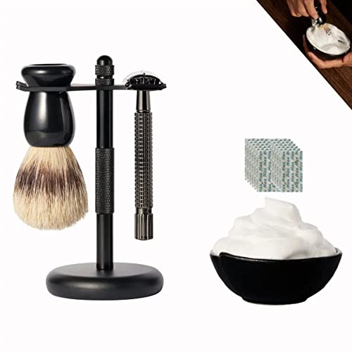 Deluxe Men’s Wet shaving Kit, All Black Set, Lengthen Version Double Edge Safety Razor, Large Stand, Shaving Brush, Ceramic Shaving Bowl and 10 Extra Blades