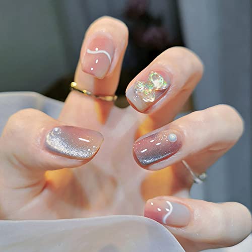 Light Rain - Bedtime Story, 3D Handmade Luxury Rainbow Reusable Seven Layers Gel UV Finished False nails, Hand-Painted Fake Nails with Design by Professional Manicurist, Short Square Shape,Medium Size