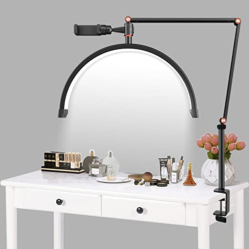 Fancemot Desk Lash Light, Lash Light for Eyelash Extensions, Adjustable Brightness Half Moon Lamp, Adjustable Height Lash Lamp for Eyelash Extensions, Eyelash Light for Tattoo Artists, Nail Tech, 16in