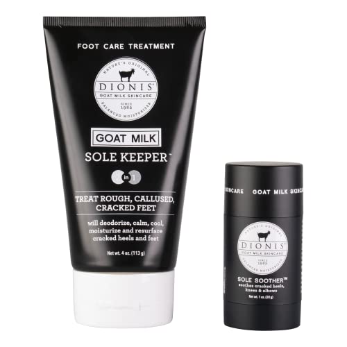 Dionis Goat Milk Skincare Sole Keeper & Soother - Deodorize, Calm, Cool, Moisturize & Resurface Feet-Treats Repairs & Soothes Rough Dry Callused Cracked Skin, Cruelty-Free Cream, 4 oz & .78 oz Set