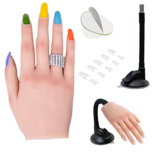 Silicone Practice Hand for Acrylic Nails, Professional Upgrade Mannequin Hands for Nails Practice with Adjustable Bracket, Life Size Fake Hand with 50pcs Nail Tips(Right Hand, white)