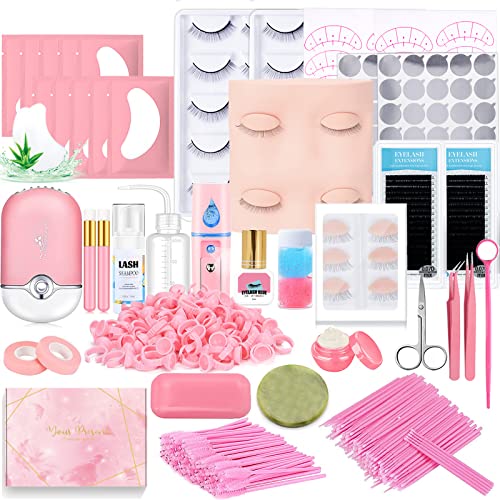Lash Extension Kit Professional Eyelash Extensions Supplies Training for Beginners Mannequin Head Grafting Lash USB Fan Lash Shampoo Brush Spraye 0.07D Curl Mix 8-15mm Practice Eyelash Strips