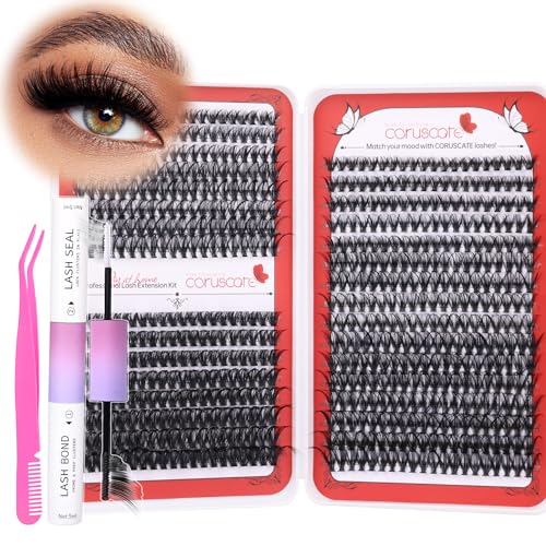 CORUSCATE DIY Lash Extension Kit 640pcs Lash Clusters Kit D Curl Eyelash Extension Kit 30D 40D 50D Volume 9-18mm Mix Individual Lashes with Lash Bond and Seal Lash Tweezers