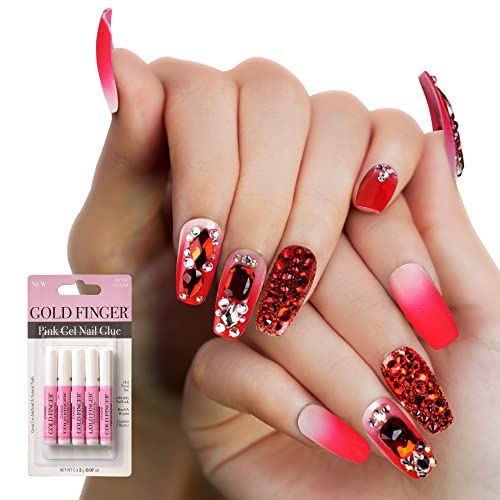 GoldFinger Premium False Nails Glue On Nails Luxury Press On Nails Bonus 5PCS Glue Included (Ruby on Right)