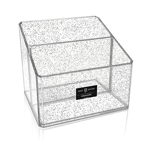 Isaac Jacobs Clear Acrylic 2-Section Organizer, Remote Holder & Multi-Functional Makeup, Brush, Pen & Pencil Storage Solution, for The Home, Bathroom, Office, Child’s Desk (2-Section, Silver Glitter)