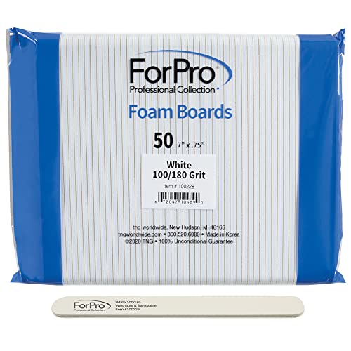 ForPro Nail Foam Boards, White, 100/180 Grit, Double-Sided Manicure and Pedicure Nail Files, 7” L x .75” W, 50-Count