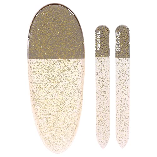 Regine Switzerland 3pc Nano File Set: Professional Heavy Duty Glass Nail Files with Case Kit - Reusable Crystal Fingernail Manicure and Pedicure Tools for Men, Women, and Adults - Gold Glitter