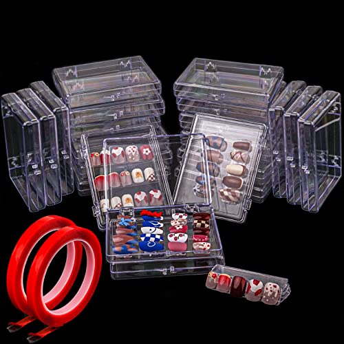 Lokyango Press On Nail Storage Box, 3.9x2.9x0.7 inch Clear Empty Press On Nail Packing Box Artificial Nail Display Organizer Case with Transparent Tape Nail Tips Display Holder (Box Only) (24PCS)