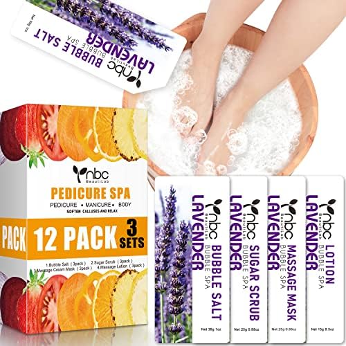 nbc BeautiLab Pedicure Kit Foot Soak Set: Bubble Salt, Sugar Scrub, Massage Mask, Massage Lotion in a Box, 4 Step Foot Spa Kit for Dry Feet, Softens Calluses, Tired Feet（3 Set Lavender)
