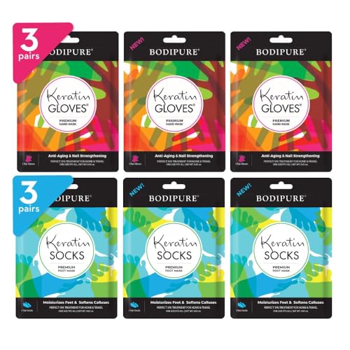 BODIPURE Premium Keratin Gloves and Socks for Hydrating Dull Dry Hands and Cracked Heels – Callus Softening – Nail Strengthening – Skin Brightening and Nourishing – 3 Pairs ea. (3+3 Pack)