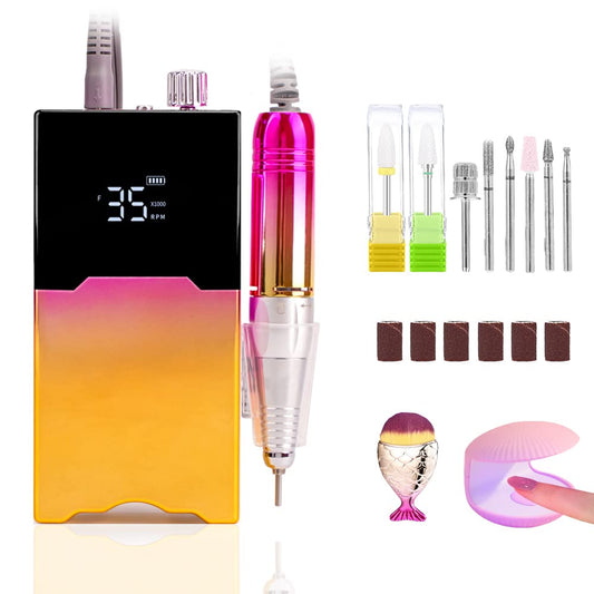Pourcare Portable Nail Drill Professional 35000 RPM, Rechargeable Electric Nail File Machine for Acrylic Nails Polishing Removing, Efile with Bits Kit for Manicure Salon Home (Pink-Gold)