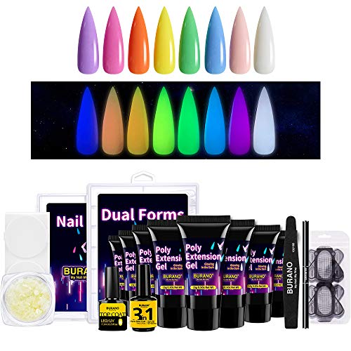 BURANO Poly Extension Nail Gel Kit - Glow in The Dark Poly Nail Extension Gel with LED Lamp Builder Gel Nail Extension Gel Builder for Nails