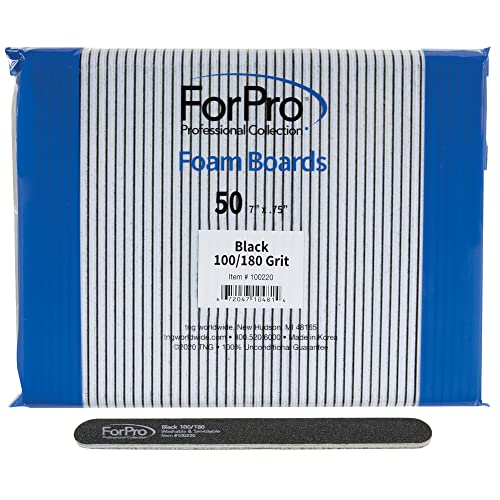 ForPro Nail Foam Boards, Black, 100/180 Grit, Double-Sided Manicure Nail Files, 7” L x .75” W, 50-Count