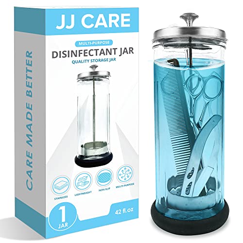 JJ CARE Disinfectant Jar (42oz) - Barber Jar Glass, Sanitizer Disinfectant Glass Jar, Barber Disinfectant Jar, Implement Disinfectant Container w/Stainless Steel Removable Strainer & Cap - Silver Lid