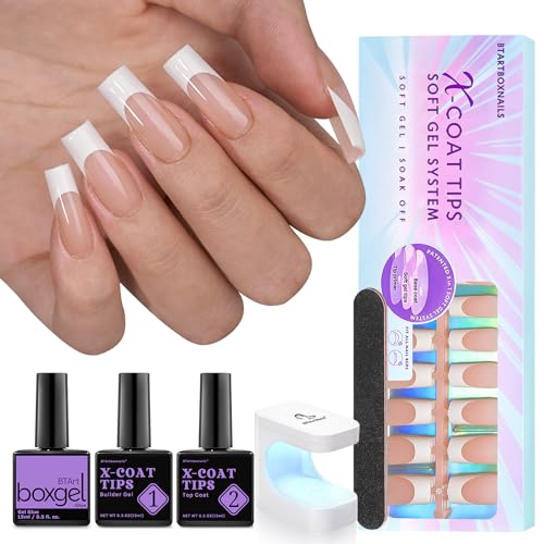 BTArtboxnails Soft Gel Nail Tips and Gel Glue Kit - French Tip Press on Nails Long Square XCOATTIPS Gel Nail Kit, Include Gel Glue, Builder Gel, Top Coat, Nail Lamp Nail Extension Kit