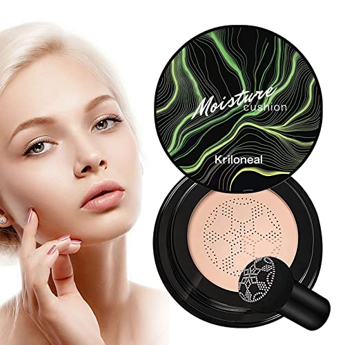 Kriloneal Mushroom Head Air Cushion CC Cream Foundation Moisturizing Concealer Waterproof Oil Control Long-Lasting Nude Makeup with Mushroom Makeup Sponge (Natural)