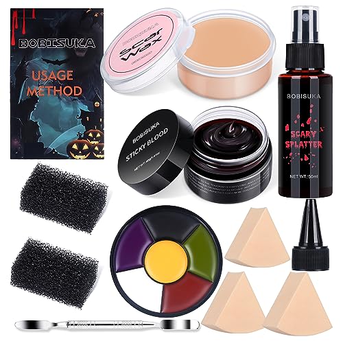 BOBISUKA Demonic Special Effects SFX Halloween Makeup Kit - 5 Colors Bruise Makeup Face Body Painting Palette + Scar Wax with Spatula Tool + Fake Blood Splatter Spray + Fake Blood Cream +Stipple Spong