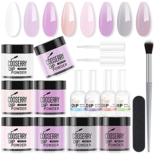 COOSERRY Dip Powder Nail Kit Starter, 8 Colors Soft Lilac Nail Powder Dip Kit with Dip Powder Base Activator and Top Coat Brush Saver Dip Nail Kit for Home Use Salon DIY