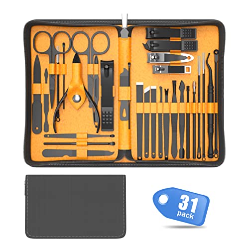 Cater Manicure Nail Clippers Kit - Nail Grooming Set, 31Pcs Stainless Steel Manicure and Pedicure Nail Kit, Nail Care Tools with Luxurious Travel Case (Yellow)