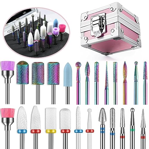 Depvko 25Pcs Nail Drill Bits Set with Portable Pink Case, 3/32 Inch Drill Bits for Nails, Ceramic Diamond Carbide Cuticle Nail Bits effile Remover Bits bits for Home Salon Acrylic Gel Nail Polish