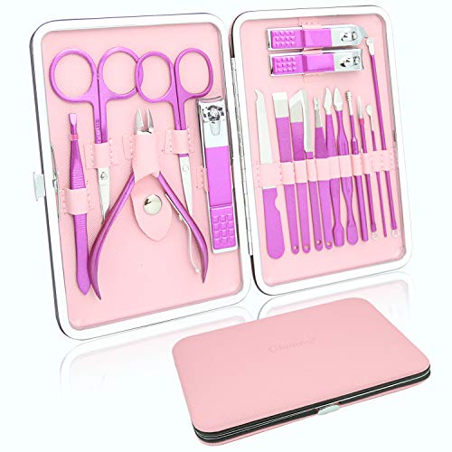 Glamne Manicure Pedicure Set Professional Nail Care Grooming Kitwith Travel Case 18pcs (Shining Rosy)