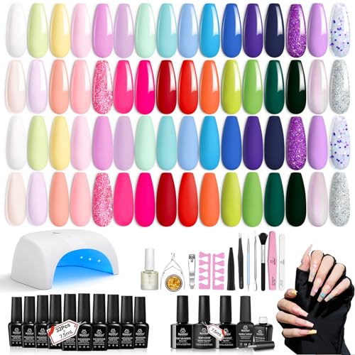 Beetles Gel Nail Polish Kit with Uv light, 52 Pcs Gel Starter Kit, 32 Colors Spring Pastel Pink Blue Glitter Gel Polish Set Soak Off Base Top Coat Cuticle Oil Nail Gel Art Manicure Kit Gift for Women