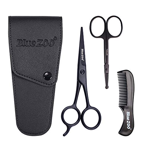 BlueZOO Beard Mustache Scissors and Comb Kit with PU Storage Bag, Rounded Safety Nose Hair Scissor for Men and Women Care Grooming, Ear Trimming Tool, Shears for Personal Grooming, Cutting & Styling