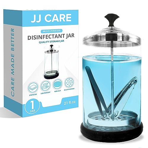 JJ CARE Disinfectant Jar (21 oz) - Barber Jar Glass, Sanitizer Disinfectant Glass Jar, Barber Disinfectant Jar, Implement Disinfectant Container w/Stainless Steel Removable Strainer & Cap - Black Lid