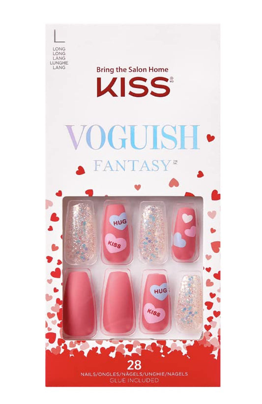 Kiss VOGUISH Fantasy Matte Pink & Glossy Finish (Holographic Glitters) Long Length Nails (Coffin Shape) FV20X (Candy Hearts Design) Limited Edition (1 Pack)