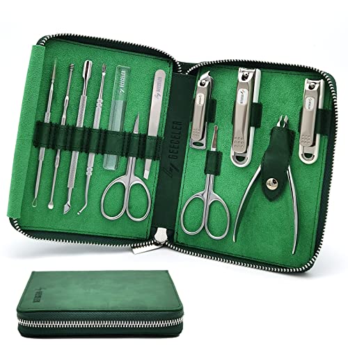 Geeceler Manicure Set 12 Pieces, Professional Nail Clippers Set, Premium Pedicure Grooming Kit with Green Travel Case.