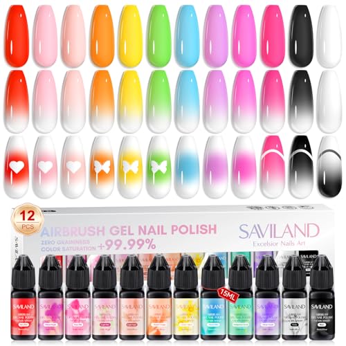 SAVILAND Airbrush Gel Nail Polish: 12 vitality Colors Set with Fine Mist Nail for Color Spray Perfect Nail Polish Nail Art Design