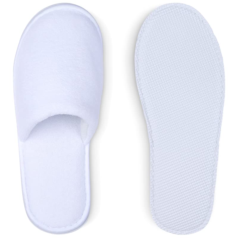 Spa Slippers, Disposable Slippers for Guests Bulk of 6 Pairs - Non-Slip Closed-Toe Premium White Spa Slippers Bulk with Travel Bags - Coral Fleece Hotel Slippers for Women and Men (6 Pair Medium)