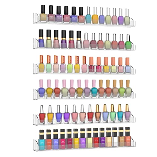 Hexsonhoma 17 Inch Nail Polish Wall Organizer Set of 6, Wall Mounted Acrylic Nail Polish Holder with Anti Falling End Caps, Clear Nail Polish Wall Shelves, Hold Up to 102 Bottles (17 Inch)