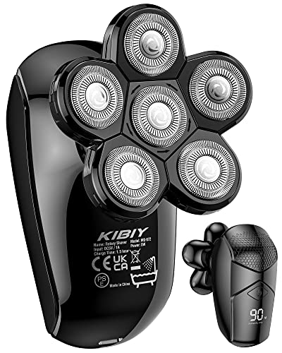 Head Shaver for Men, Kibiy 5-in-1 Head Shavers for Bald Men, Cordless LED Bald Head Shaver, IPX7 Waterproof 7D Rotary Shaver Grooming Kit with Nose Hair Trimmer Type-C Charge-Black