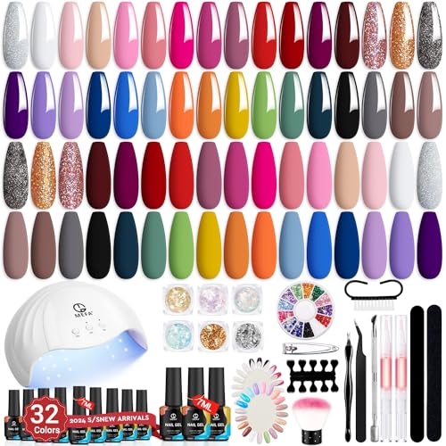 MEFA 56 Pcs Gel Nail Polish Kit with U V Light, 32 Colors All Seasons Soak Off Gel Polish Nail Set with Matte/Glossy Base Top Coat Essential Manicure Tools Nails Art Decorations Salon Valentines Gifts