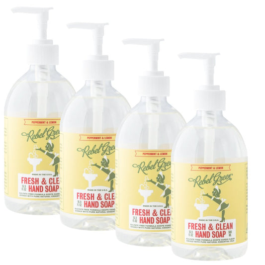 Rebel Green Fresh and Clean Liquid Hand Soap, Natural, Sulfate-Free, and Hypoallergenic Gel Hand Soap - Peppermint & Lemon, 16 Ounce Pump Bottles, Pack of 4
