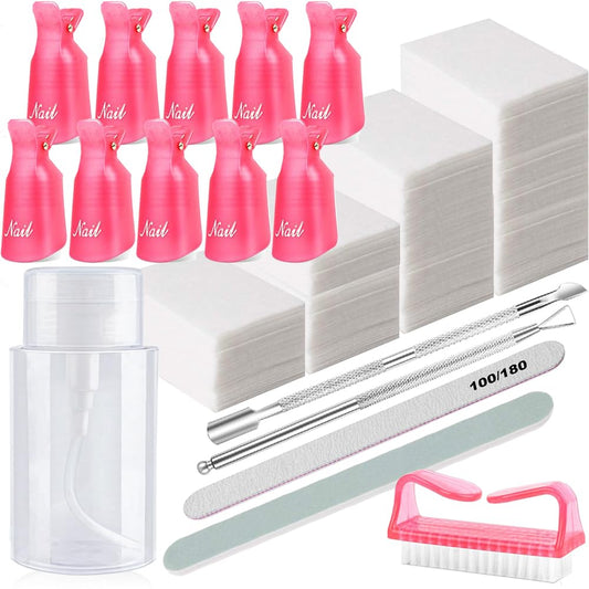 Nail Polish Gel Remover Tools Kit, Soak Off Cap Clip, 200ml Dispenser Bottle, UV Gel Polish Cuticle Pusher, 600 PCS Cotton Pads, Handle Brushes, 100/180 Nail File, Buffer Block, Finger Separators