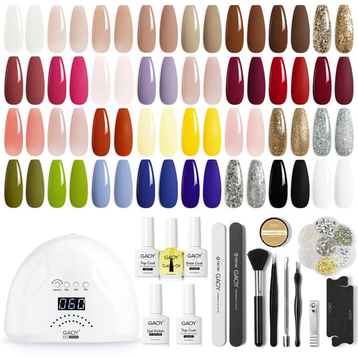 GAOY Gel Nail Polish Kit with U V Light, 36 Pcs Black White Red Glitter Jelly Gel Nail Kit with Top Coat Base Coat Cuticle Oil and Manicure Tools for Nail Art DIY at Home