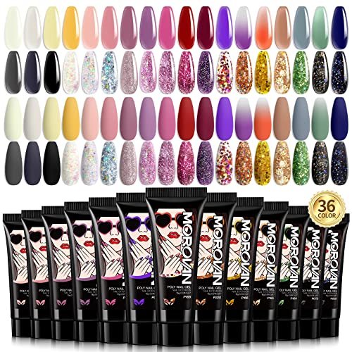 Morovan Poly Nail Gel Set- 36 Colors Poly Gel Nail Professional Poly Gel Set with Pure Poly Extension Gel and Glitter Poly Gel Nail Color Packs 15ml Poly Builder Nail Gel for Salon