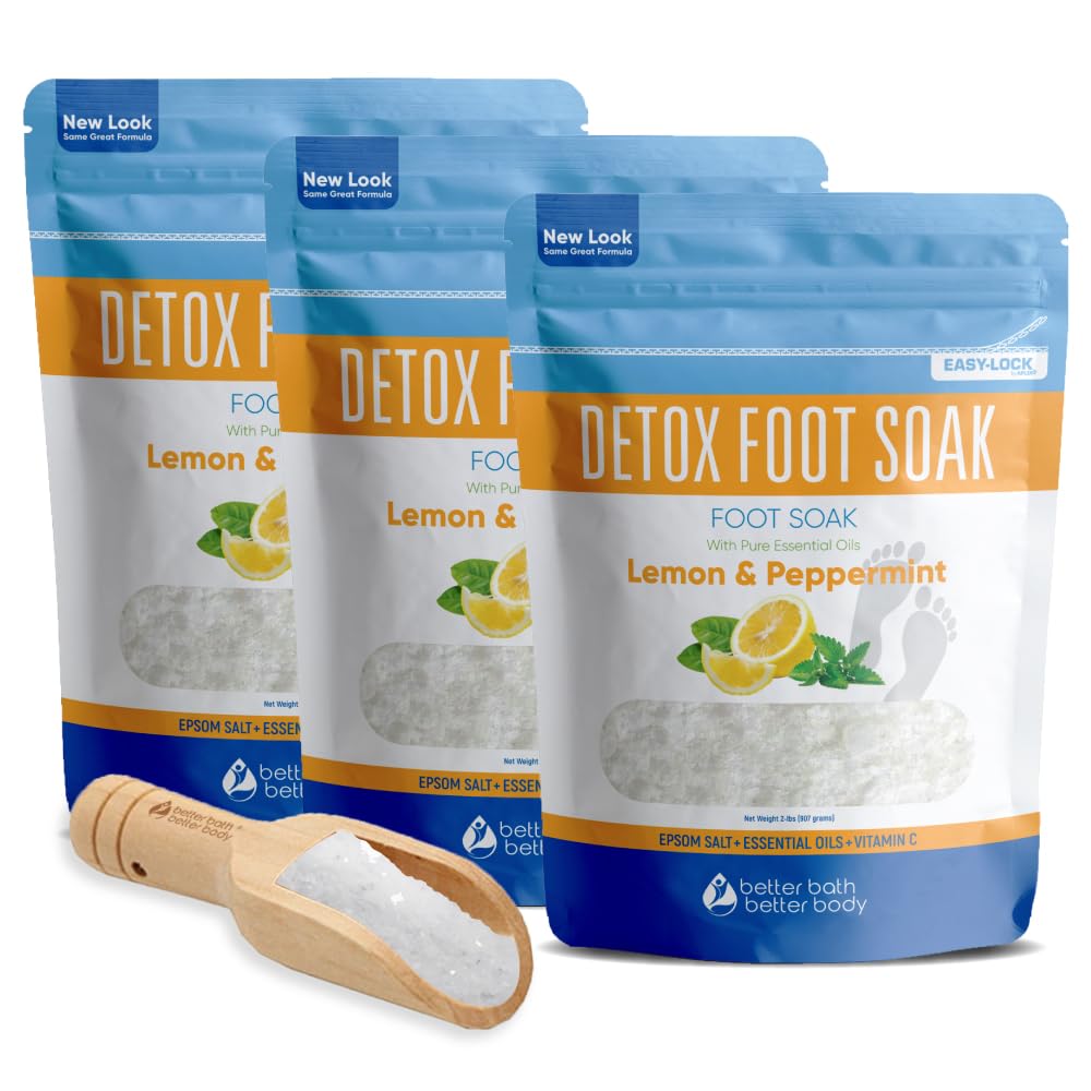 Detox Foot Soak (3-Pack Plus Scoop) Epsom Salt Foot Soaks Dry Feet, Athlete's Detox Foot with Pure Essential Oils in BPA Free Pouch with Press-Lock Seal Made in USA, Three 2-Lbs Pouches 6-Lbs Total