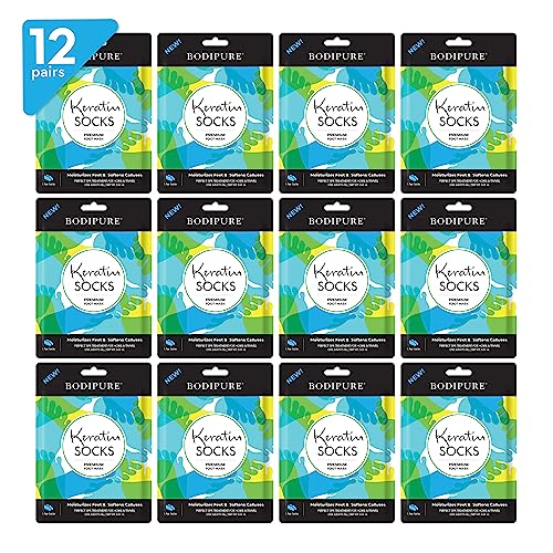 Bodipure Premium Keratin Foot Mask Socks | at Home Spa Moisturizer Socks for Dry Cracked Feet, Callus & Heel Softening | Easy-to-Use Pedicure Foot Repair | Chemical-Free Feet Treatment | 12 Pairs