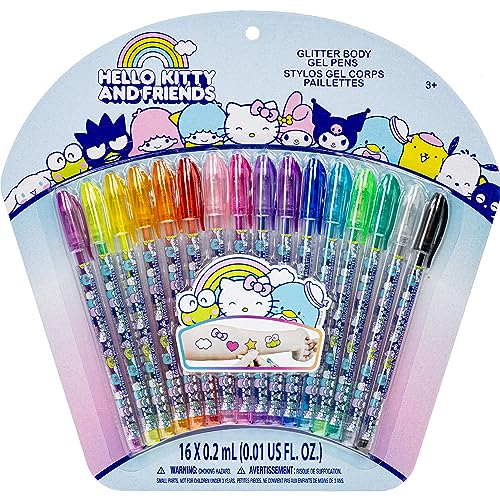 Hello Kitty and Friends -Townley Girl 16 Glitter Body Art Pen Set, Glittery Colors, Pigmented Non-Toxic Perfect for Play Dates, Parties, Sleepovers & Makeovers
