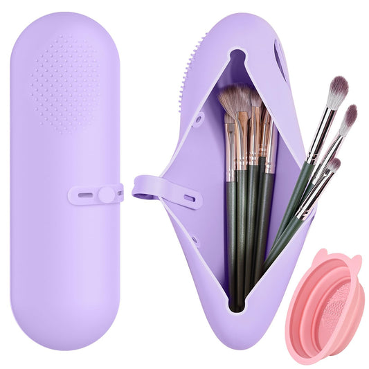 Lilovbesa Silicone Makeup Bag, Makeup Brush Holder Travel Case, Cosmetic Brush Bag with Anti-Fall Out Strap, Portable Brushes Organizer for Women, Include Brush Cleaner Bowl (Lavender)