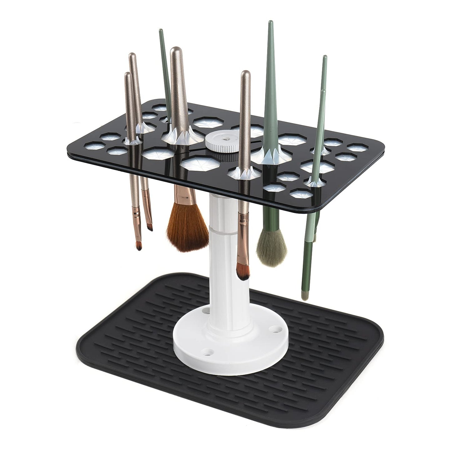 DODAMOUR Makeup Brushes Drying Rack with Silicone Mat, 26 Holes Acrylic Brush Holder Stand Tree Tray, Adjustable Makeup Brush Holder