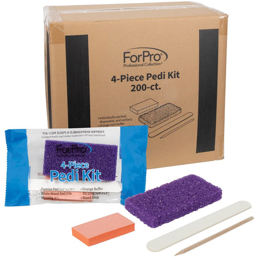 ForPro 4-Piece Pedicure Kit, 200-Count, Individually-Packed, Purple Pumice Pad, White Wood Nail File 80/100 Grit, Orange Mini Buffer 80/100 Grit, Wood Stick